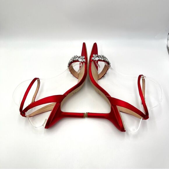Jewel Badgley Mischka Size 10 Ojai Jeweled Red Satin Heels Dress Sandals Shoes - Picture 8 of 14